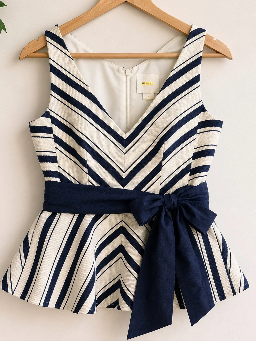 Striped V-Neck Peplum Top with Navy Waist Tie